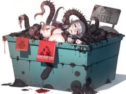 1girls ai_generated bad_end blood bloody corpse dead dumpster gore guro huge_breasts nightmare_fuel rotting self_upload sign simple_background solo tentacle trash_can white_background white_hair worms