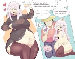 1boy 1boy1girl 1girls big_belly big_breasts black_eyes bloated_belly blush clothed clothing cow_costume cow_ears cow_print cow_print_bikini cowbell duharu echidna_(re:zero) embarrassed farmer horn horns long_hair milk napolitane natsuki_subaru navel outie_navel pregnant re:zero_kara_hajimeru_isekai_seikatsu spelling_error stockings text white_hair