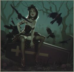 at_night bow_in_hair choker coffin corset cross dark_hair female foggy garter_straps glooh graveyard latex_corset medium_breasts pantyshot pumps raven_(bird) shoulder_tattoo spooky thighhighs white_eyes white_panties