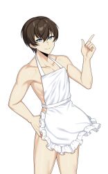 blacha_(dkskek157) blue_eyes brown_hair counter:side hand_on_hip na_yubin naked_apron naked_male prank short_hair simple_background smile solo_male v-sign white_background