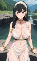 1girls ai_generated black_hair breasts curvaceous curvy_body curvy_figure dress earrings female greek_clothes jewelry large_breasts milf red_eyes revealing_clothes smile solo spy_x_family stable_diffusion voluptuous yor_briar