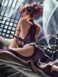 ass_focus bedroom big_ass big_breasts jigokuraku katana kunoichi liang_xing ninja purple_clothing purple_hair revealing_clothes sideboob soles stockings sword yuzuriha_(jigokuraku)