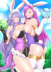 2girls alternate_costume ass big_ass breasts brunnya_(fire_emblem) bunny_ears bunny_girl bunny_tail bunnysuit camilla_(fire_emblem) camilla_(summer)_(fire_emblem) carrot_earrings choker collaboration earrings easter easter_egg egg elbow_gloves fake_animal_ears fake_tail female female_only fire_emblem fire_emblem:_the_binding_blade fire_emblem_fates fire_emblem_heroes gloves hair_over_one_eye high_heels holding_egg kaos_art large_breasts leotard long_hair mature mature_female nintendo official_alternate_costume outdoors playboy_bunny purple_eyes purple_hair purple_leotard rinku_bny sky thighhighs