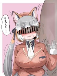 1boy animal_ears blazer breasts extra_ears female fox_ears fox_girl gloves grey_hair hat highres island_fox_(kemono_friends) jacket kemono_friends kemono_friends_v_project large_breasts long_hair multicolored_hair necktie orange_hair penis pink_background ribbon shikoomaru shirt simple_background skirt twintails two-tone_hair virtual_youtuber