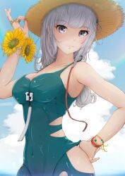 beach female female_only grey_eyes ji_chenxing snowbreak:_containment_zone straw_hat sunflower swimsuit tagme white_hair