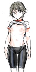 bike_shorts black_eyes black_hair clothes_lift female female_focus flat_chest girls_und_panzer gym_uniform isobe_noriko kuppipi_ramutarou looking_at_viewer navel nipples shirt_lift short_hair sketch solo standing