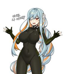 1girls belly_button_visible_through_clothing big_breasts blacha_(dkskek157) black_bodysuit blue_hair bodysuit counter:side fingerless_armwear flower flower_in_hair fully_clothed korean_text long_hair multicolored_hair one_eye_closed orange_hair red_eyes sigma_(counter:side)