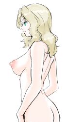 ass back blonde_hair breasts female from_side girls_und_panzer green_eyes kay_(girls_und_panzer) kuppipi_ramutarou large_breasts long_hair nipples nude open_mouth solo upper_body