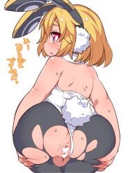 1girls ass behind_view big_butt blonde_hair blush bubble_butt bunny_ears bunny_girl bunny_tail bunnysuit butt censored censored_pussy disgaea disgaea_5 fukurou_(owl222) grabbing_own_ass large_ass looking_back nippon_ichi_software playboy_bunny plump presenting_hindquarters presenting_pussy pussy short_hair sweat thick_ass torn_clothes usalia_(disgaea) young