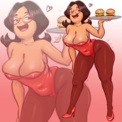 1girls big_breasts black_hair bob's_burgers bunnysuit glasses light-skinned_female light_skin linda_belcher madam_stiletto mature_female milf mother pink_background white_background