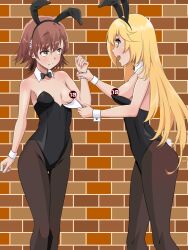 +_+ 2020s 2023 2girls alternate_breast_size assisted_exposure bare_shoulders blonde_hair blush breasts breasts_out brick_wall brown_eyes brown_hair bunny_ears censored censored_nipples collarbone feet_out_of_frame female flower hair_flower hair_ornament hips long_hair looking_at_another maruze_circus matching_hair/eyes medium_breasts misaka_mikoto multiple_girls open_mouth pantyhose rabbit_ears rabbit_tail shokuhou_misaki short_hair small_breasts smile standing star-shaped_pupils star_(symbol) symbol-shaped_pupils teenage_girl teenager to_aru_kagaku_no_railgun to_aru_majutsu_no_index unusual_pupils yellow_eyes young