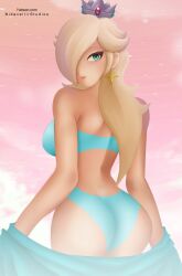 ass blonde_hair blue_hair bra_and_panties crown female female_only looking_back mario_(series) nidavellirstudios nintendo princess_rosalina sideboob solo super_mario_galaxy