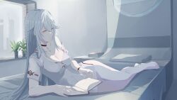 1girls clothed laying_on_bed laying_on_side lyfe_(snowbreak:_containment_zone) on_side plant reading snowbreak:_containment_zone uniform white_hair