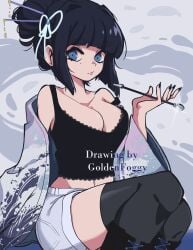 big_breasts black_hair black_nail_polish black_nails blue_eyes eyelashes goldenfoggy light-skinned_female light_skin midriff nail_polish original original_character shorts smoke smoking thick_thighs thighhighs tied_hair