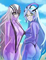 2girls ass back bare_arms bare_back bare_midriff bare_shoulders bare_thighs beach big_ass bikini black_bikini black_one-piece_swimsuit black_swimsuit blue_hair breasts ciderwrath collarbone covered_nipples female female_only fire_emblem fire_emblem_heroes ganglot_(fire_emblem) green_eyes grey_hair hel_(fire_emblem) light_blue_hair long_hair looking_at_viewer looking_back medium_breasts midriff multiple_girls nintendo ocean outdoors shoulders sideboob skeleton slingshot_swimsuit swimsuit thighs transparent_body underboob very_long_hair yellow_eyes