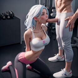 1boy ai_generated blowjob blue_hair fellatio female fitness_influencer fitness_model gym gym_uniform side_view_fellatio sportswear sucking sucking_penis yoga_pants