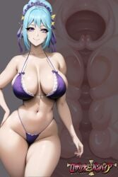 ai_generated big_ass bikini blue_hair fickjay925 hand_on_hip headband kurono_kurumu large_breasts looking_at_viewer purple_eyes rosario+vampire smiling succubus thick_thighs vagina wide_hips x-ray