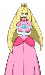 1girls ball_gag blonde_hair bondage breasts brooch cosplay crown dress gag gagged green_eyes harness large_breasts long_hair looking_at_viewer lusamine_(pokemon) mario_(series) mikealojay nintendo pink_dress poke_ball_gag pokemon pokemon_sm princess_peach princess_peach_(cosplay) straitjacket