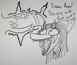 2023 absurd_res anon_(snoot_game) anthro big_penis black_and_white dialogue dinosaur duo english_text erection eyelashes fang_(gvh) female forked_tongue genitals goodbye_volcano_high hair hi_res human long_hair male male/female mammal monochrome open_mouth penis pterodactylus pterosaur reptile scalie sharp_teeth smile snoot_game snout teeth text tongue unknown_artist vein veiny_penis