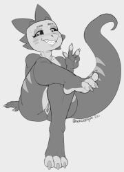 2023 3_toes 4_fingers absurd_res anthro claws crossed_legs feet female finger_claws fingers genitals gesture grey_background greyscale hi_res horn kobold monochrome nerdbayne nude pussy scalie simple_background sitting soles solo thick_thighs toe_claws toes toothy_grin v_sign wide_hips