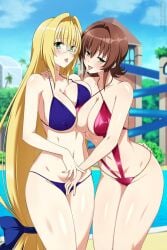 2girls after_kiss bikini blonde_hair blue_bikini blue_swimsuit breasts brown_hair clouds glasses green_eyes kissing large_breasts large_breasts_lesbian lindaroze long_hair looking_at_viewer midriff mikado_ryouko navel one-piece_swimsuit outside pool poolside purple_one-piece_swimsuit purple_swimsuit saliva_trail short_hair sky swimsuit teacher tearju_lunatique to_love-ru water waterpark yellow_eyes yuri