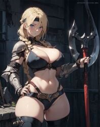 ai_generated astrid_hofferson axe barbarian big_ass big_breasts bikini_armor blonde_hair blue_eyes child_bearing_hips fertile how_to_train_your_dragon ovulating perfect_body viking wide_hips