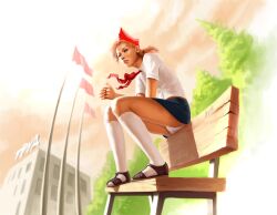 blonde_hair blue_skirt female glooh hands_together kneesocks pantyshot pantyshot_(sitting) pioneer red_hat red_tie russian_girl sandals short_sleeved_shirt sitting_on_bench soviet_union teen teen_girl teenage_girl teenager uniform upskirt white_knee_socks white_shirt