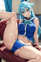 ai_generated aig1587 aqua_(konosuba) blue_clothing blue_eyes blue_hair blue_panties female female_only kono_subarashii_sekai_ni_shukufuku_wo! smile spread_legs