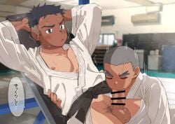 2boys bara black_belt blush blushes censor_bar censored censored_penis dark_grey_hair dobok erect_penis erection eyebrow_raise frown frown_eyebrows gay gay_blowjob grey_eyebrows grey_eyes grey_hair gym japanese_text leeksaltboy lying male male_only nipples open_clothes pecs pectorals pubic_hair reclining sweat sweatdrop text_bubble white_skinned_male yaoi