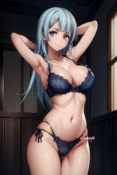 1girls ai_generated blue_eyes blue_hair blue_lingerie deinacht female female_only hands_behind_head human jujutsu_kaisen kasumi_miwa large_breasts long_hair looking_at_viewer smiling_at_viewer solo thick_thighs