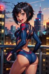 ai_generated aig1587 big_ass big_butt black_hair brown_eyes city city_background female female_only marvel peni_parker smile spider-man:_across_the_spider-verse spider-man:_into_the_spider-verse spider-man_(series) spider-man_suit tight_clothing