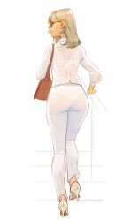 ass_focus back_tattoo blonde_hair glasses glooh head_turned mature_female milf nice_ass panties_visible_through_clothing purse satanist see-through_clothing see-through_shirt sheer_clothing stairs white_clothing white_panties