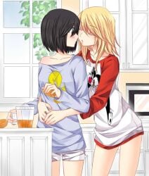 2girls black_eyes black_hair blonde_hair blue_shirt breasts closed_eyes counter_top girl_friends_(manga) hug imminent_kiss juice kitchen kumakura_mariko medium_breasts medium_hair mylovelydevil oohashi_akiko orange_juice oranges shirt short_hair shorts white_shirt white_shorts window yuri