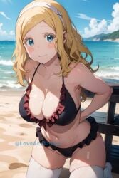 ai_generated big_breasts black_bikini blonde_hair carol_olston green_eyes hair_accessory hands_behind_back long_hair on_her_knees thick_thighs tomo-chan_wa_onna_no_ko white_stockings