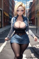 1girls ai_generated alterism android_18 belt blonde_hair blue_eyes blue_jacket cleavage cropped_jacket denim_jacket denim_skirt dragon_ball dragon_ball_z expressionless female_focus female_only large_breasts looking_at_viewer pantyhose short_hair solo stable_diffusion standing striped_sleeves thick_thighs