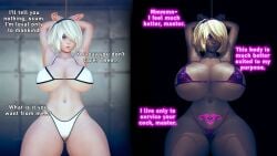 1girls 3d alternate_body_type alternate_breast_size android android_girl before_and_after big_breasts bikini bimbo bimbofication blonde_hair blue_eyes brainwashed brainwashing breast_expansion breasts busty curvaceous curvy curvy_body curvy_female curvy_figure english english_text female huge_breasts large_breasts nier:_automata personality_change pink_eyes pubic_tattoo purperv slut tattoo text thick_thighs thighs voluptuous white_hair whore wide_hips yorha_2b