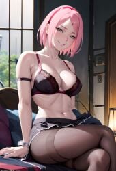 1girls absurd_res ai_generated belly boruto:_naruto_next_generations green_eyes hairband hi_res highres lingerie looking_at_viewer medium_breasts naruto naruto_(series) navel pink_hair sakura_haruno shoulder_length_hair sitting_cross_legged smile sofa solo solo_female stockings teasing underwear