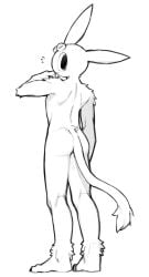 2023 :3 ambiguous_fluids ankle_tuft anthro ass black_and_white black_eyes claws emanata hi_res lagomorph leg_tuft leporid long_ears long_tail looking_back male mammal monochrome ra_tenpu rabbit rear_view shoulder_tuft simple_background solo tail tail_tuft toe_claws tuft unnamed_character white_background