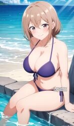 ai_generated big_breasts brown_hair katase_shiori lokokabooster69 my_tiny_senpai purple_bikini short_hair shortstack small_but_busty uchi_no_kaisha_no_chiisai_senpai_no_hanashi wavy_hair