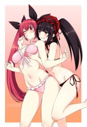 2girls bikini bikini_skirt black_bikini black_hair black_swimsuit breasts date_a_live earrings from_behind grabbing_breasts hair_ribbons headdress heterochromia itsuka_kotori large_breasts lindaroze lolipop midriff navel one_eye_closed pink_bikini pink_eyes pink_swimsuit red_eyes red_hair side-tie_bikini side-tie_swimsuit swimsuit swimsuit_skirt tokisaki_kurumi twintails yellow_eyes yuri