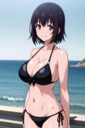 ai_generated big_breasts black_bikini black_hair brown_eyes kotone_shirakawa looking_at_viewer overflow_(series) short_hair smiling_at_viewer