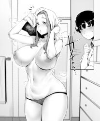 1boy 1girls 2d_(artwork) areolae blush breasts hips huge_breasts japanese_text large_areolae large_breasts manga_page milf nakamura_regura nipples panties sweatdrop text thick_thighs thighs tummy wide_hips