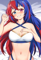 1girls alear_(female)_(fire_emblem) alear_(fire_emblem) alternate_costume bikini blue_eyes blue_hair bonoshii breasts cleavage female female_only fire_emblem fire_emblem_engage heterochromia long_hair looking_at_viewer medium_breasts multicolored_hair nintendo on_back red_eyes red_hair smile solo swimsuit white_bikini white_swimsuit