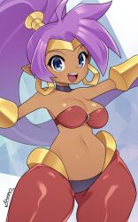 1girls arumo bare_shoulders blue_eyes busty happy harem_pants hoop_earrings jewelry navel o-ring o-ring_top ponytail purple_hair red_clothing shantae shantae_(character) solo_female