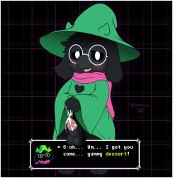 1boy animal_genitalia anthro balls blush bodily_fluids bovid caprine clothing cum cum_on_penis deltarune dialogue eyewear genital_fluids genitals glasses goat green_clothing green_hat green_headwear green_robes hat headgear headwear hi_res male male_only mammal penis pink_scarf ralsei scarf sheath solo solo_male undertale_(series) wizard_hat xenoyia_(artist)