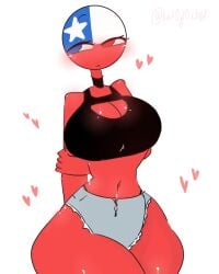 1girls big_ass big_breasts big_butt big_thighs blue_eye blush blush_face blushed blushing_female boob_window chile_(countryhumans) clothed clothed_female countryhumans countryhumans_girl different_eye_color female female_only heart hearts_around_body hearts_around_head kak0yt0_chel massive_ass massive_butt massive_thighs red_body red_eye red_skin simple_background tagme white_background