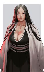 1girls 2d artist_signature big_breasts black_hair bleach bleach:_the_thousand-year_blood_war cleavage cloak clothed female fully_clothed gud0c kimono large_breasts long_hair purple_eyes shinigami simple_background smile solo solo_female soul_reaper twitter_link two_tone_background unohana_retsu unohana_yachiru veiny_breasts very_long_hair white_cloak