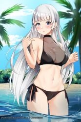 1girls beach bikini black_bikini black_swimsuit blue_eyes breasts clouds grey_eyes heterochromia in_water large_breasts long_hair looking_at_viewer midriff navel ocean okamired original outside palm_trees side-tie_bikini side-tie_swimsuit sky swimsuit water white_hair