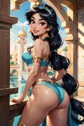 ai_generated aig1587 aladdin big_ass big_butt black_hair blue_clothing blue_panties day disney disney_princess long_hair princess princess_jasmine smile