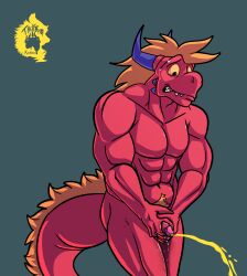 1boy absurd_res anthro bodily_fluids dragon flaccid genital_fluids genitals hi_res humanoid_genitalia humanoid_penis looking_embarrassed male male_anthro male_only muscular muscular_anthro muscular_male peeing penis solo sweat sweatdrop thekinkybear urine watersports